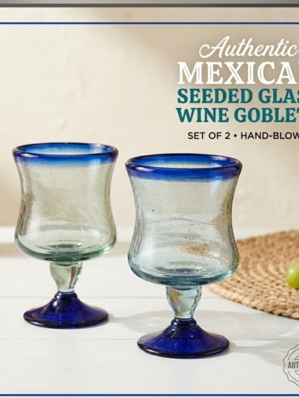 Hand-Blown Mexican Seeded Glass Wine Goblets Cobalt Blue Rim Set of 2